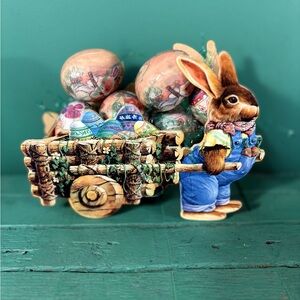 Whimsical Easter Bunny Cart with Decorative Eggs Vintage Peter Rabbit